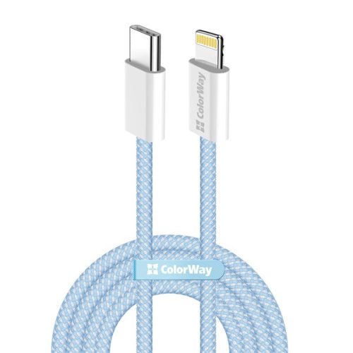 COLORWAY Kábel Type-C CW-CBPDCL061-BL, Apple Lightning, fonott pamut, PD 27W, 1M kék