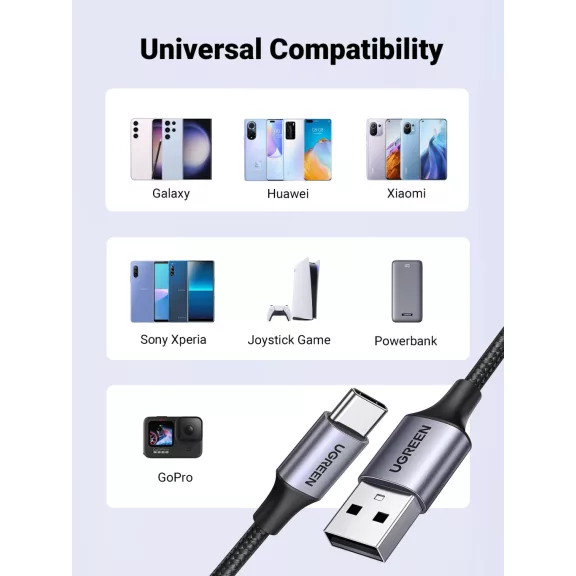 UGREEN USB-A - USB-C gyorstöltés kábel 3A Max fekete 1 m US288