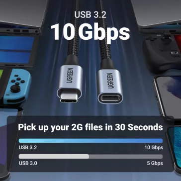   UGREEN USB-C apa - anya Gen2 5A fonott kábel 0.5 m fekete US372