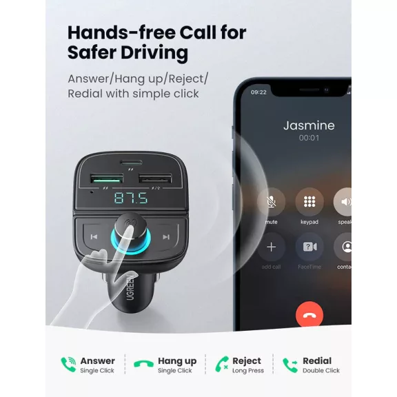 UGREEN Bluetooth autós töltő 5.0+PD+QC3.0+USB Flash Drive+TF fekete CD229