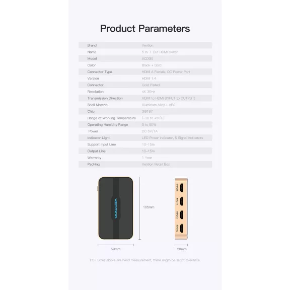 Vention HDMI (5be-1ki, fekete&arany), switcher