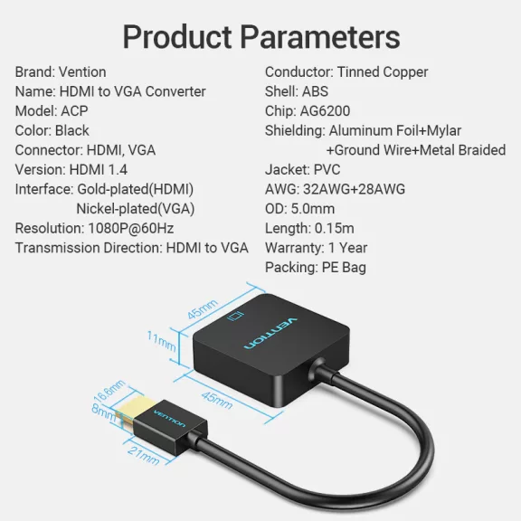 Vention HDM -> VGA, 0,15m, konverter