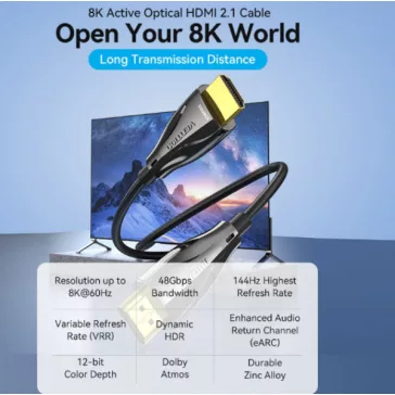   Vention HDMI/M -> HDMI/M HD, (8K, optikai kábel, fekete, 1080P@160Hz /2K@144Hz /4K@120Hz / 8K@60Hz, Átviteli sebesség: 48Gbps), 80m, kábel
