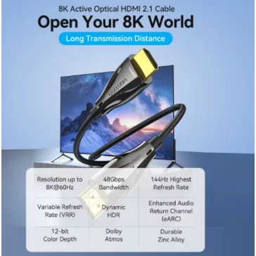  Vention HDMI/M -> HDMI/M HD, (8K, optikai kábel, fekete, 1080P@160Hz /2K@144Hz /4K@120Hz / 8K@60Hz, Átviteli sebesség: 48Gbps), 25m, kábel