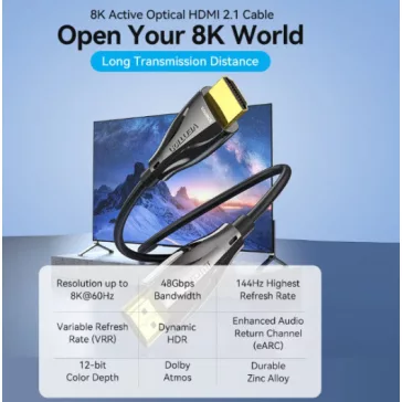   Vention HDMI/M -> HDMI/M HD, (8K, optikai kábel, fekete, 1080P@160Hz /2K@144Hz /4K@120Hz / 8K@60Hz, Átviteli sebesség: 48Gbps), 40m, kábel