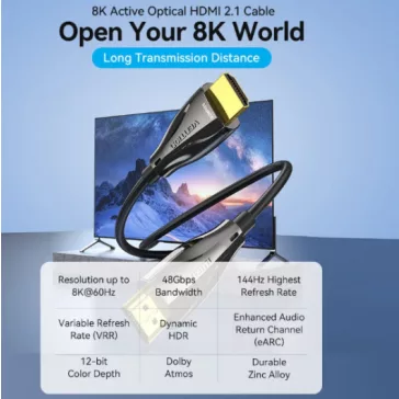   Vention HDMI/M -> HDMI/M HD, (8K, optikai kábel, fekete, 1080P@160Hz /2K@144Hz /4K@120Hz / 8K@60Hz, Átviteli sebesség: 48Gbps), 50m, kábel