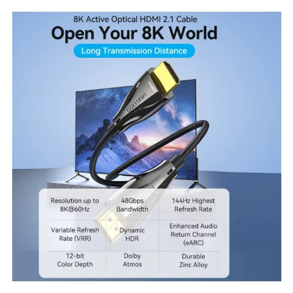Vention HDMI/M -> HDMI/M HD, (8K, optikai kábel, fekete, 1080P@160Hz /2K@144Hz /4K@120Hz / 8K@60Hz, Átviteli sebesség: 48Gbps), 50m, kábel