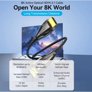   Vention HDMI/M -> HDMI/M HD, (8K, optikai kábel, fekete, 1080P@160Hz /2K@144Hz /4K@120Hz / 8K@60Hz, Átviteli sebesség: 48Gbps), 50m, kábel