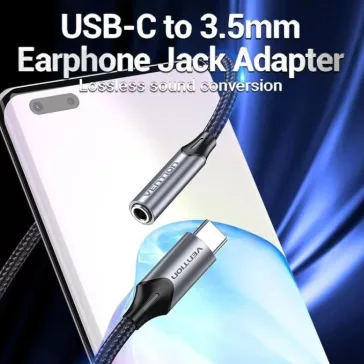   Vention USB-C/M -> 3.5mm/F , (fülhallgató, alu,szürke), 0,1m, kábel