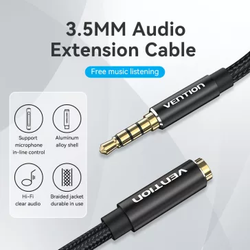   Vention 3.5mm jack/M -> 3.5mm/F, 0,5m, (hosszabbító,audio,fekete), kábel