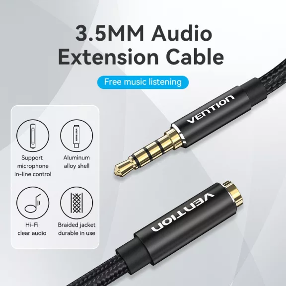 Vention 3.5mm jack/M -> 3.5mm/F, 0,5m, (hosszabbító,audio,fekete), kábel