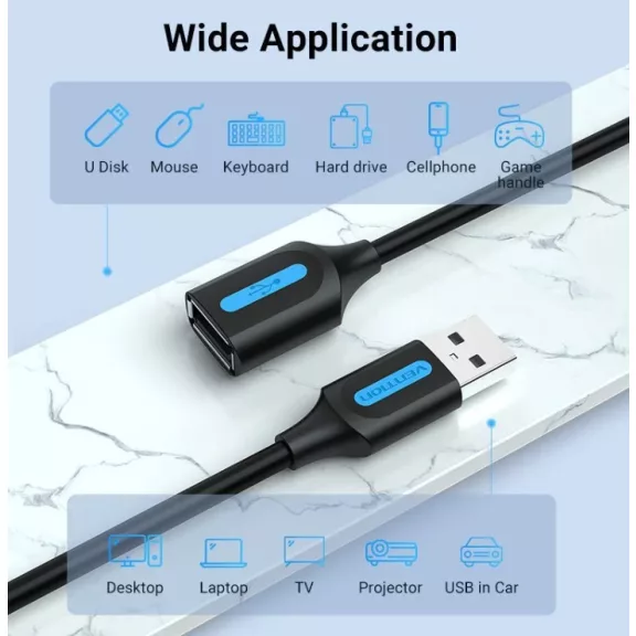 Vention USB-A 2.0/M -> USB-A 2.0/F  (hosszabbító, PVC fekete), 0,5m, kábel