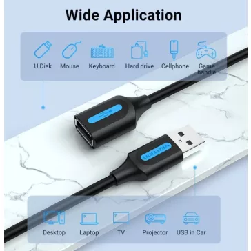   Vention USB-A 2.0/M -> USB-A 2.0/F, (hosszabbító, PVC fekete), 1m,  kábel