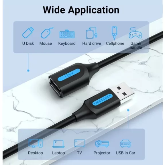 Vention USB-A 2.0/M -> USB-A 2.0/F, (hosszabbító, PVC fekete), 1m,  kábel