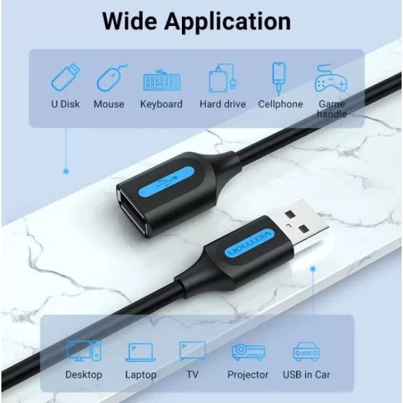 Vention USB-A 2.0/M -> USB-A 2.0/F  (hosszabbító, PVC fekete) , 1,5m, kábel