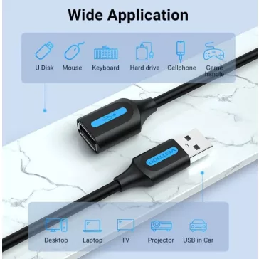   Vention USB-A 2.0/M -> USB-A 2.0/F (hosszabbító, PVC fekete), 2m, kábel