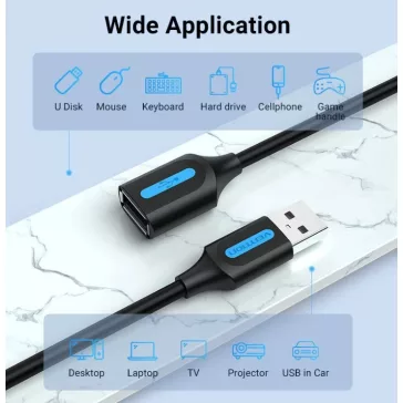   Vention USB-A 2.0/M -> USB-A 2.0/F  (hosszabbító, PVC fekete), 3m, kábel