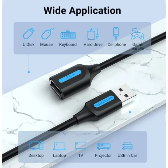 Vention USB-A 2.0/M -> USB-A 2.0/F  (hosszabbító, PVC fekete), 3m, kábel