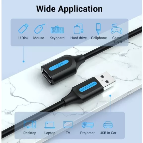 Vention USB-A 2.0/M -> USB-A 2.0/F (hosszabbító, PVC fekete), 5m, kábel