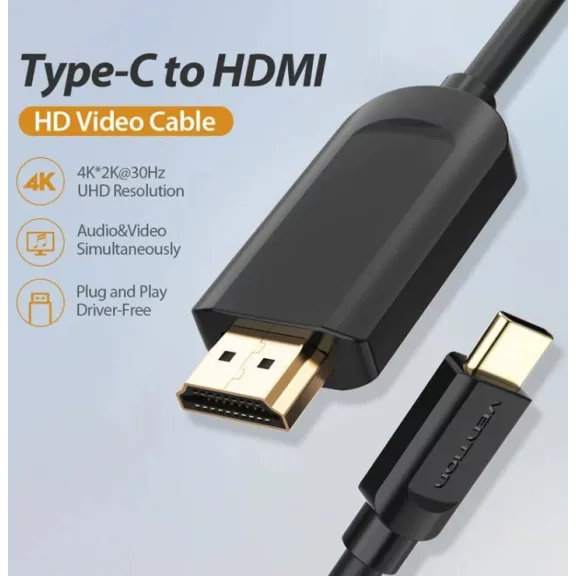 Vention USB-C -> HDMI 1.4 (fekete), 1,5m, kábel