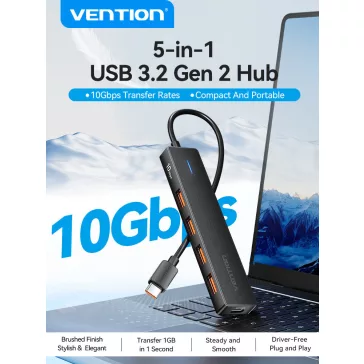   Vention USB-C -> USB-A 3.2*4 , 0,15m (4-Portos, fekete), hub