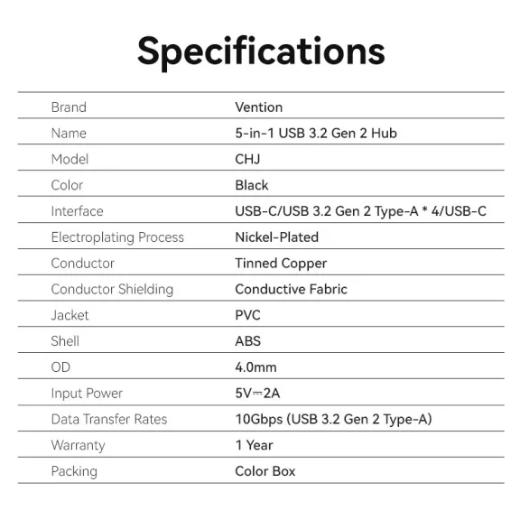 Vention USB-C -> USB-A 3.2*4 , 0,15m (4-Portos, fekete), hub