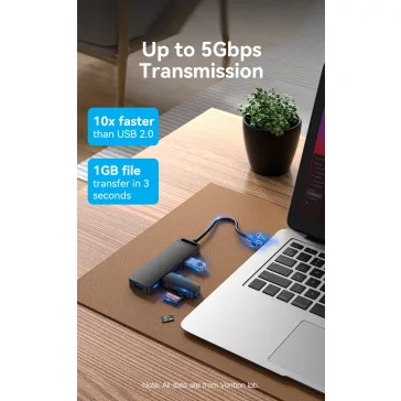Vention USB-A 3.0  (4-Portos, fekete), 0,15m, Hub