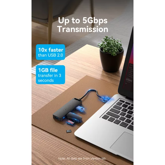 Vention USB-A 3.0  (4-Portos, fekete), 0,15m, Hub