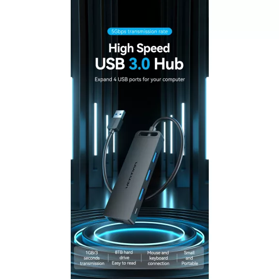 Vention USB-A 3.0  (4-Portos, fekete), 0,15m, Hub