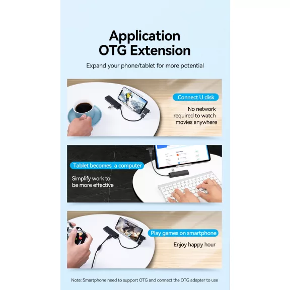 Vention USB-A 3.0  (4-Portos, fekete), 0,15m, Hub