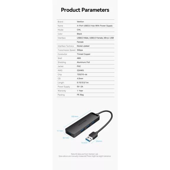 Vention USB-A 3.0  (4-Portos, fekete), 0,15m, Hub