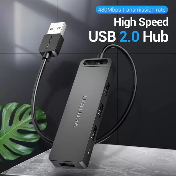 Vention USB-A  2.0  (táppal, 4-Portos, fekete), 0,5m, Hub