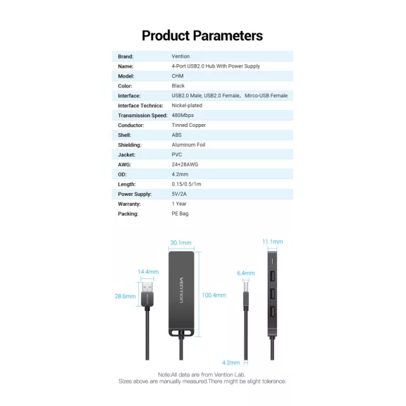 Vention USB-A  2.0  (táppal, 4-Portos, fekete), 0,5m, Hub