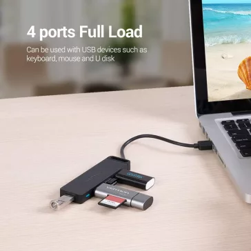 Vention USB-A 2.0 (4-Portos, fekete), 1m, Hub