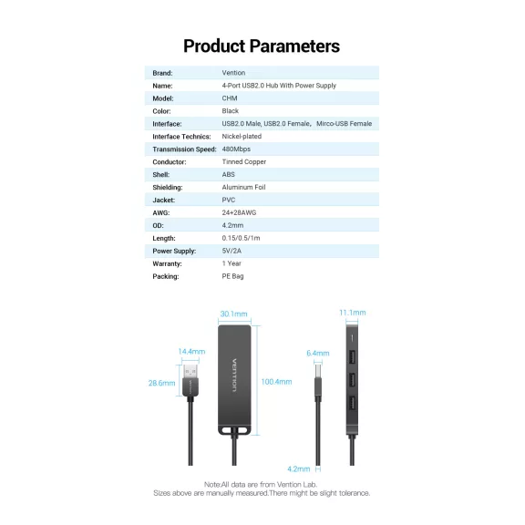 Vention USB-A 2.0 (4-Portos, fekete), 1m, Hub