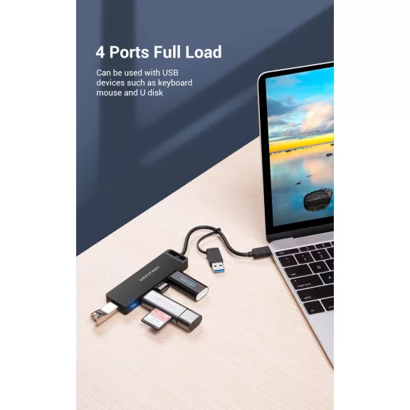 Vention USB-A 3.0 &USB-C 0,15m, (4-Portos USB-A 3.0), hub