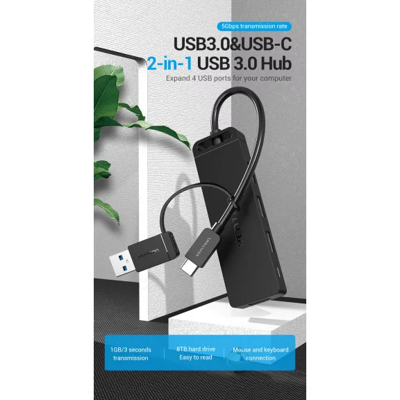 Vention USB-A 3.0 &USB-C 0,15m, (4-Portos USB-A 3.0), hub