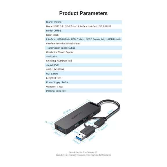 Vention USB-A 3.0 &USB-C 0,15m, (4-Portos USB-A 3.0), hub