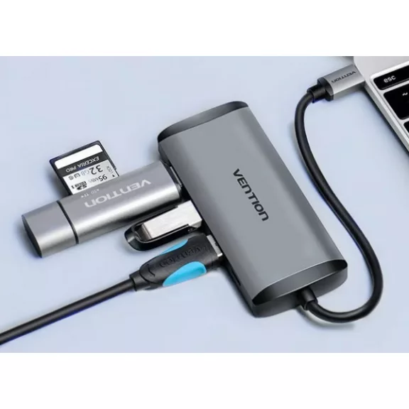 Vention USB-C -> HDMI/3*USB3.0/RJ45/PD, ( 6-1,szürke), 0,15m, konverter