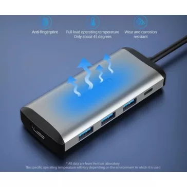  Vention USB-C -> HDMI/3*USB3.0/RJ45/PD, ( 6-1,szürke), 0,15m, konverter