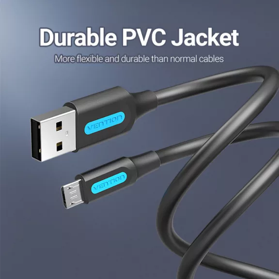 Vention USB-A 2.0/M ->  Micro B/M, 0,25m, (3A, fekete), kábel