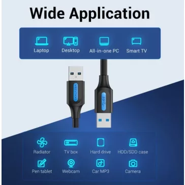   Vention USB-A 3.0/M ->  USB-A 3.0/M,  (PVC,fekete), 1,5m, kábel