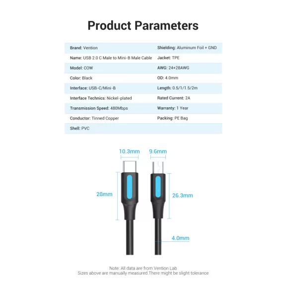 Vention USB-C 2.0/M -> mini USB-B/M, (2A, fekete), 1m, kábel