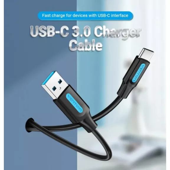 Vention USB-A 3.0/M -> USB-C/M kábel, (PVC,fekete), 1m,  kábel