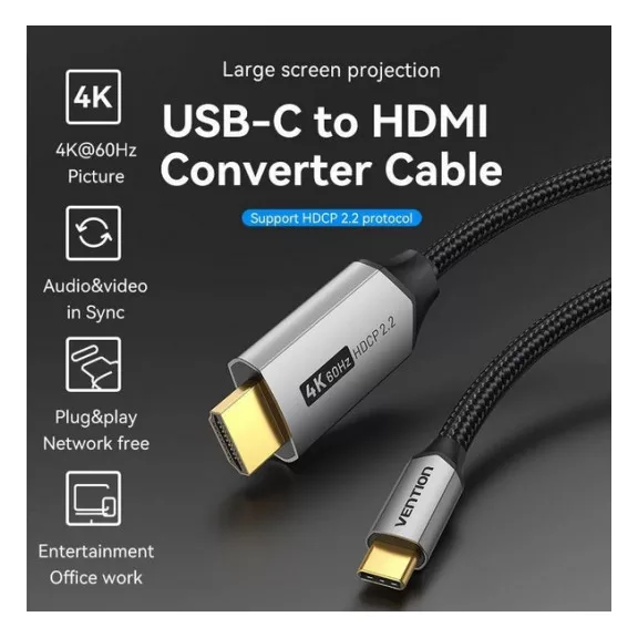 Vention USB-C/M ->HDMI/M (4K, alu), 1m, kábel