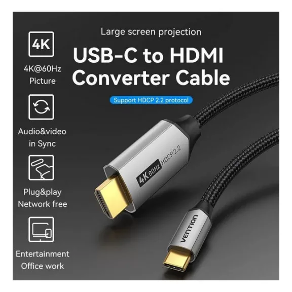 Vention USB-C/M ->HDMI/M (4K, alu), 1,5m, kábel