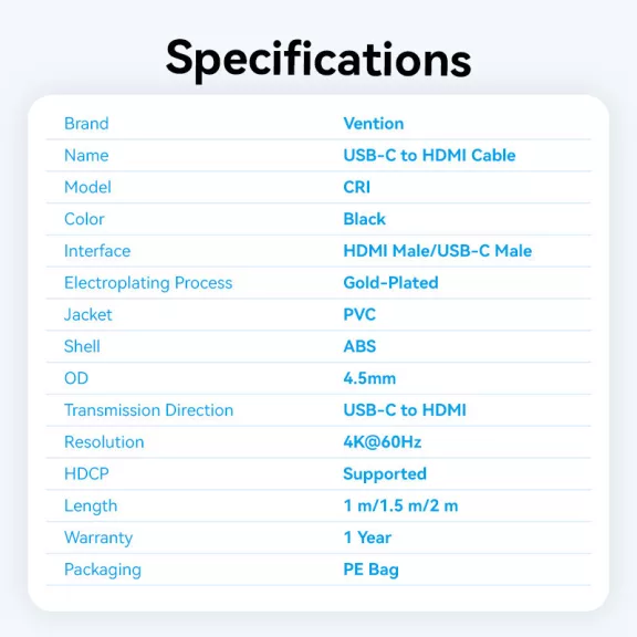 Vention USB-C -> HDMI 1,5m (4K,fekete), kábel