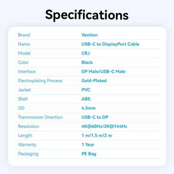 Vention USB-C -> DisplayPort, (4K,fekete),1,5m, kábel