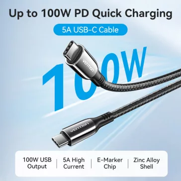 Vention USB-C/M -> USB-C/M, 1,2m, (5A,fekete), kábel
