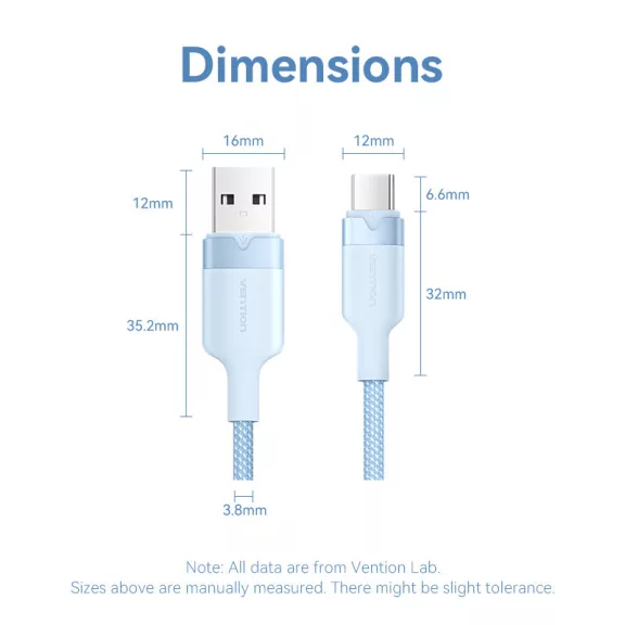 Vention USB-A 2.0/M -> USB-C/M, 1m,(blue,3A), kábel